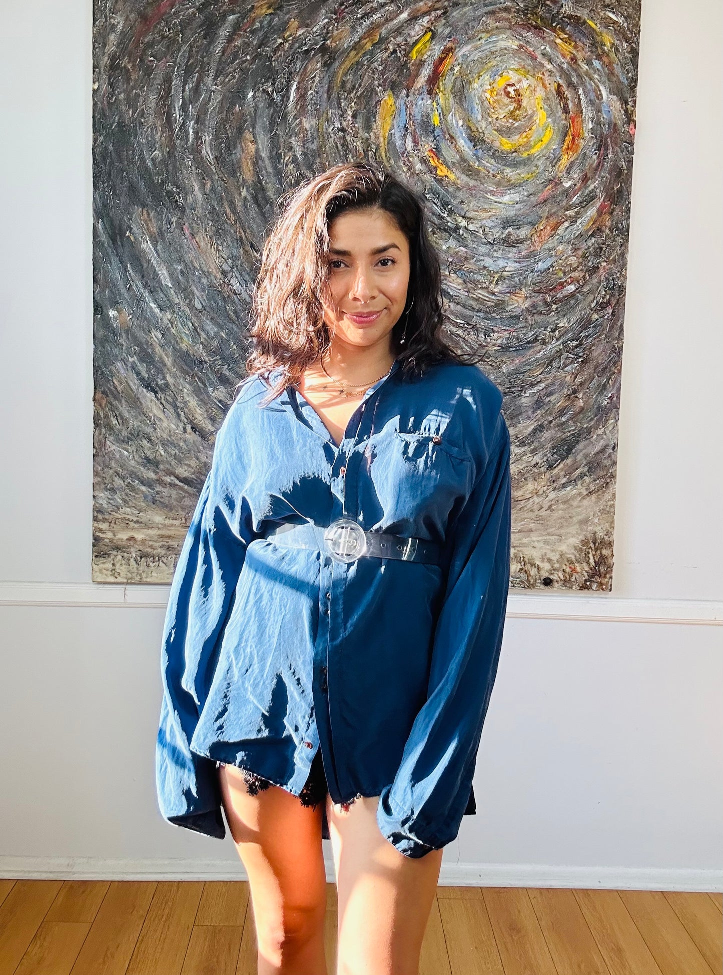 Blue Silk Button-Up Vintage Shirt