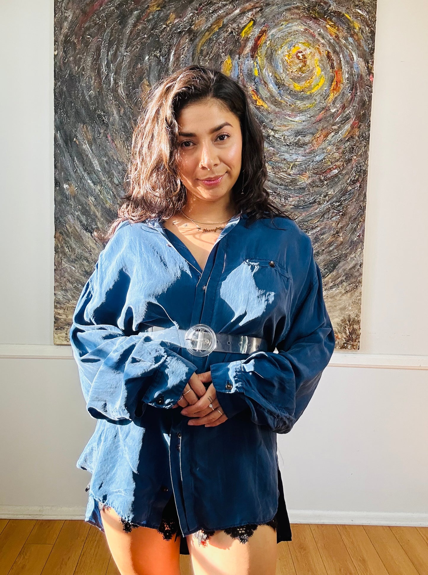 Blue Silk Button-Up Vintage Shirt