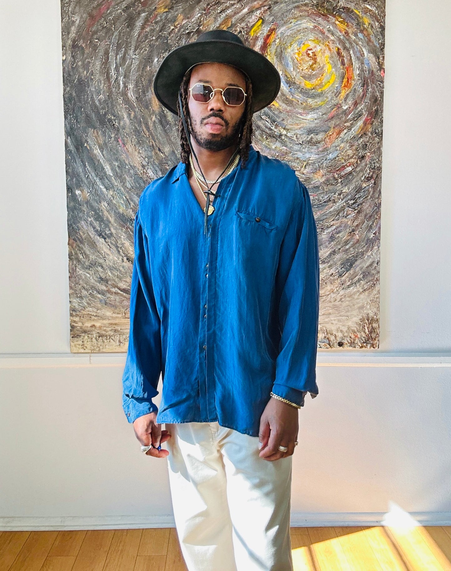 Blue Silk Button-Up Vintage Shirt