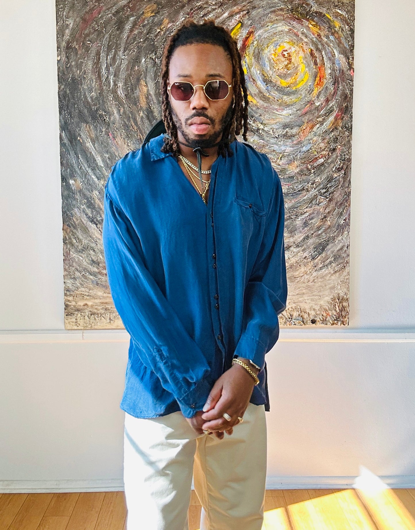 Blue Silk Button-Up Vintage Shirt