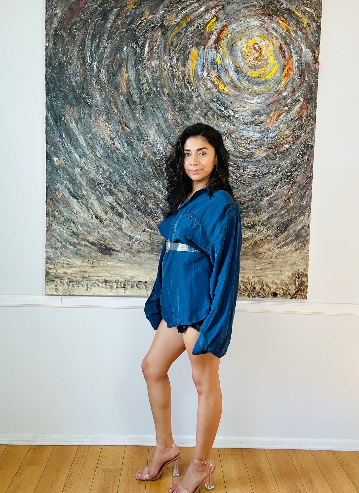 Blue Silk Button-Up Vintage Shirt